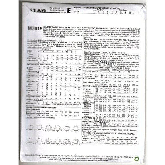 McCall's M7619 Kids 7 to 14 Lined Zip Front Jacket Uncut Sewing Pattern New - Picture 2 of 2